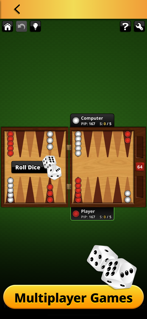 Interfaz del juego de Backgammon con piezas rojas y blancas y dados digitales sobre un tablero de madera.
