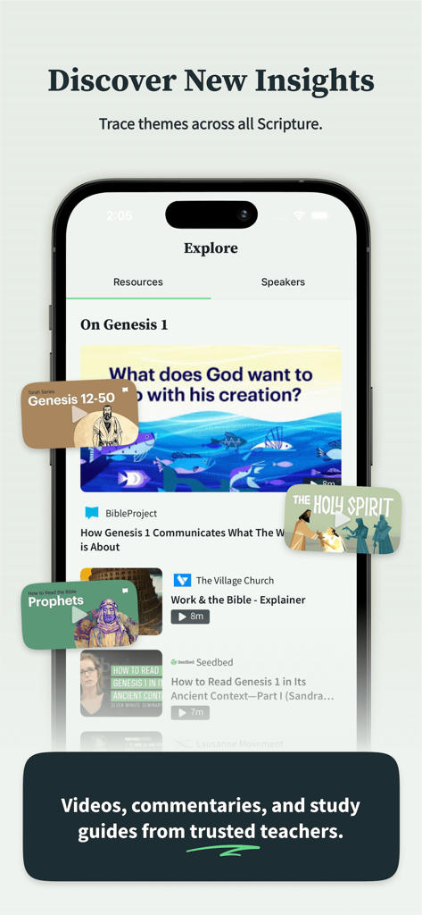 SparkBible: Bible Study - Interfaz de la aplicación SparkBible mostrando comentarios en video y recursos de estudio bíblico de maestros de confianza