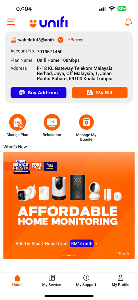 Unifi UniVerse - Unifi UniVerse mobile app home screen showing broadband account status, bill payment options, and smart home monitoring promotions.