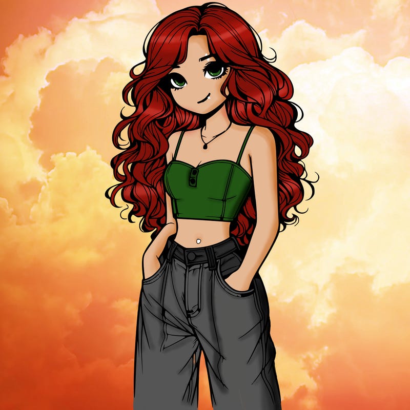 realistic girl with a cute crop top,baggy jeans, wavy hair , standing