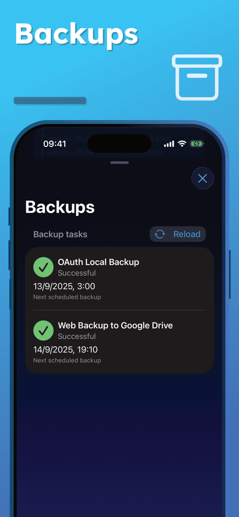 NAS Pro mobile app interface showing a list of successful server backup tasks and schedules