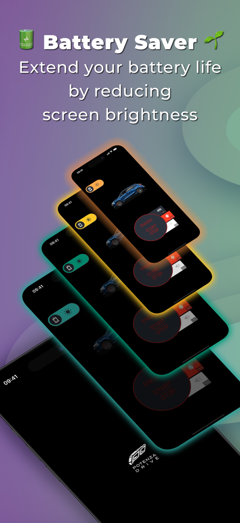 Potenza Drive: Engine Sounds - Potenza Drive app battery saver screen explaining how to extend battery life by reducing screen brightness