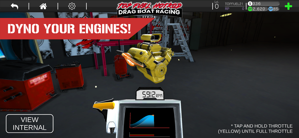 Engine dyno testing in Drag Boat Speed Racing Game 3D