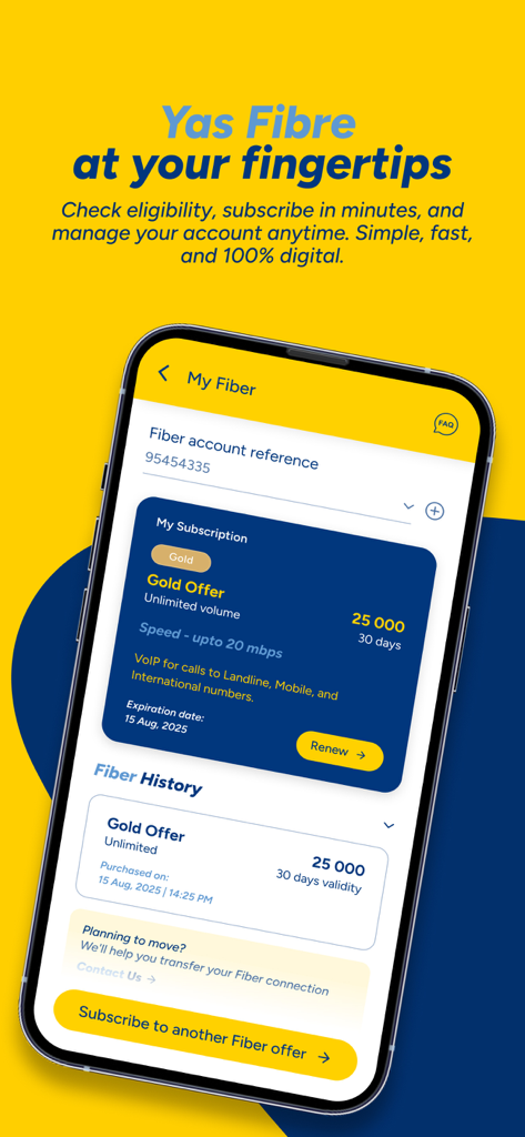 Yas App : Recharge & Internet - Yas App mobile interface for managing fiber internet subscriptions and checking eligibility