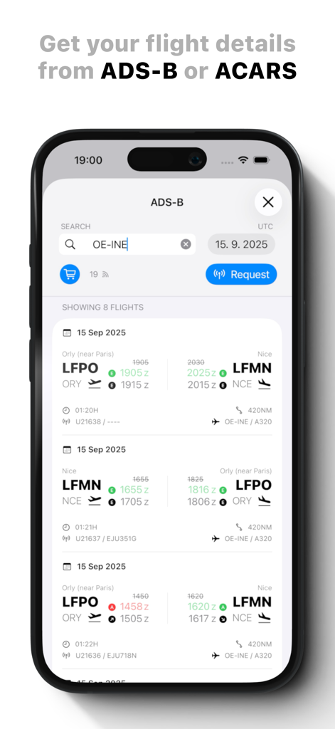 Pilot Logbook - Logger - Pilot Logbook app interface for importing flight details via ADSB or ACARS