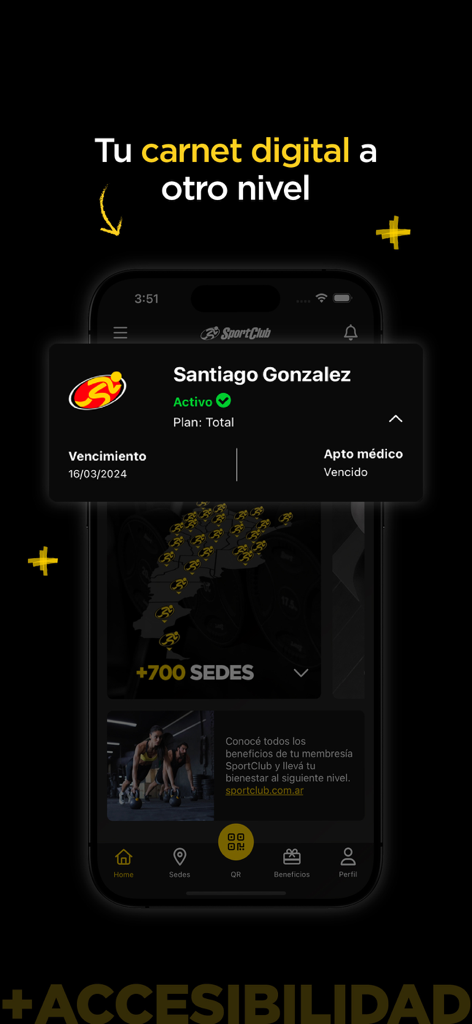 SportClub - SportClub mobile app showing digital membership card and navigation menu