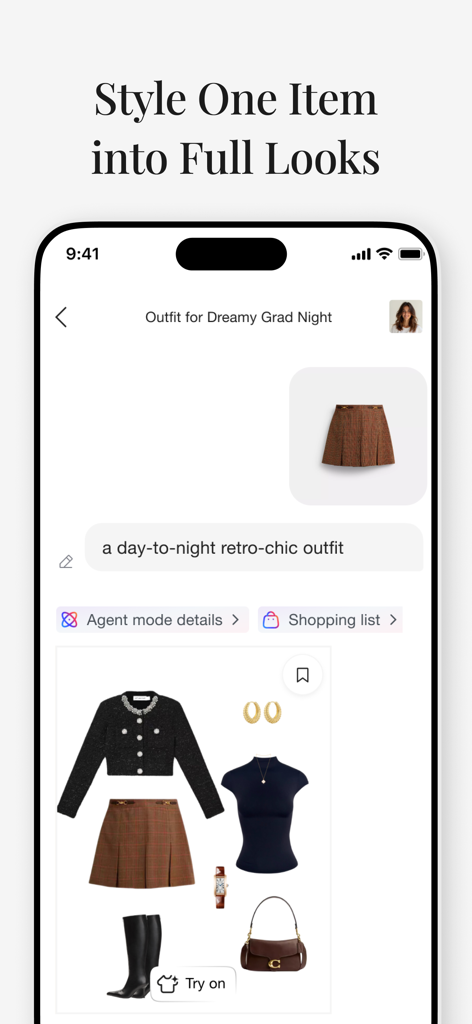 AI-powered outfit builder styling a single item into a full retro-chic look with accessories and shoes