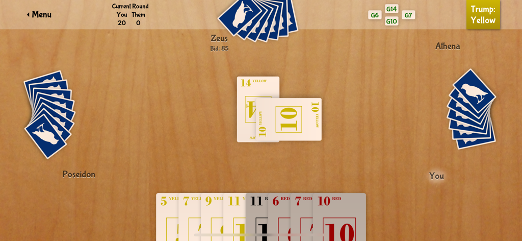 Gameplay-Bildschirm des Blackbird-Kartenspiels, der ein Spiel für vier Spieler mit Gebots- und Trumpfsuit-Anzeigen auf einem Holztischhintergrund zeigt