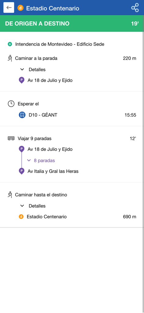 Detailed transit route in the Como ir app showing walking steps and bus line D10 directions to Estadio Centenario