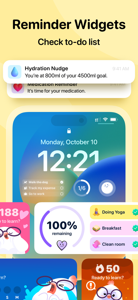 Me plus app reminder widgets and to-do list showing hydration and task progress on an iPhone lock screen