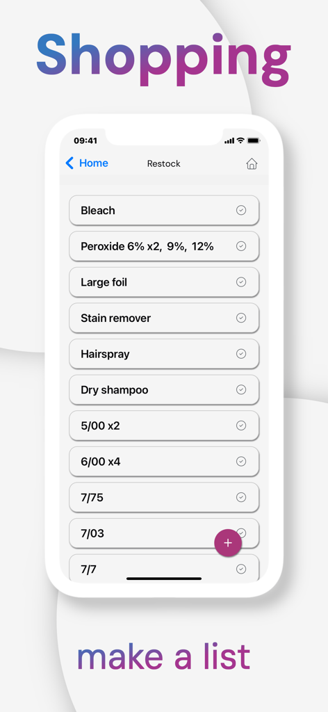 Mobile App-Oberfläche mit einer Einkaufs-Nachbestellliste für Friseurbedarf einschließlich Bleichmittel und Peroxid