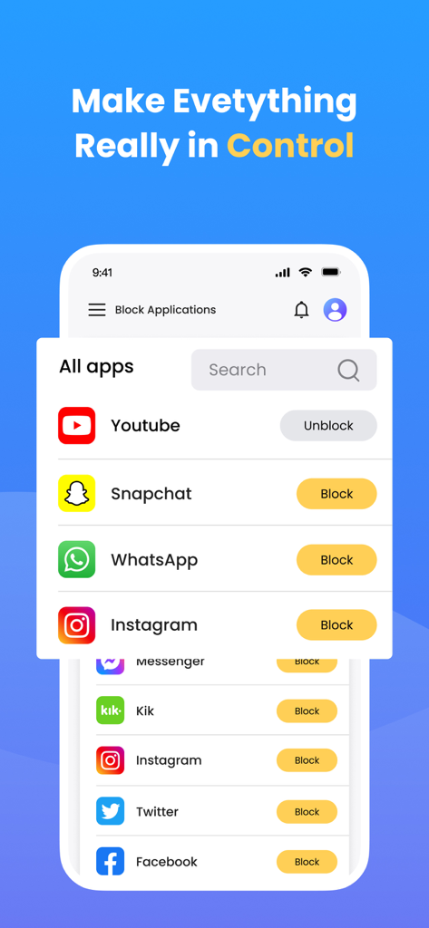 SpyX App-Oberfläche, die eine Liste von Social-Media-Apps mit Optionen zum Blockieren oder Entblockieren für die Kindersicherung anzeigt