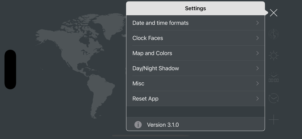 Settings menu of the map clock app showing options for time formats clock faces and map colors