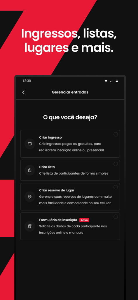 Outgo - Crie e viva eventos - イベントチケット、リスト、座席予約の作成オプションを表示するOutgoアプリのモバイル画面。