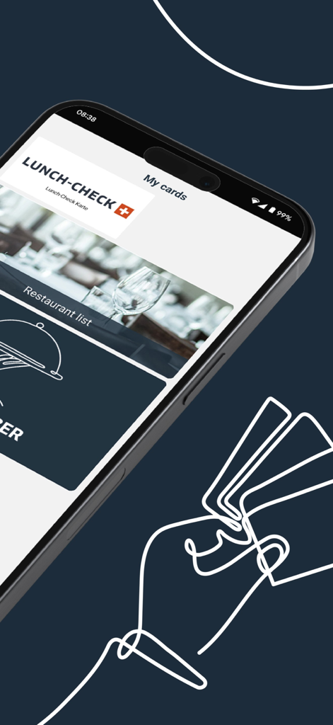 Lunch-Check - Smartphone displaying the Lunch-Check app showing the card management and restaurant list screen
