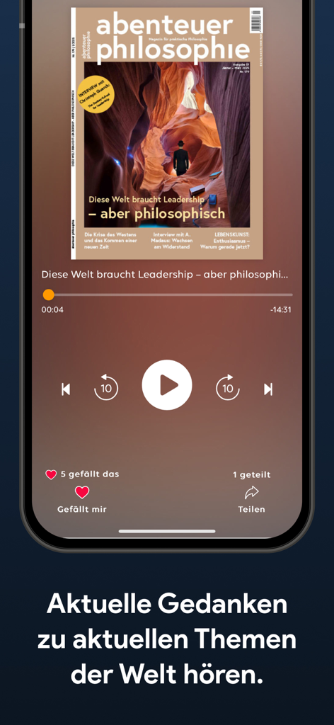Interface do aplicativo Fliegenglas reproduzindo um audiolivro de revista de filosofia com controles de reprodução