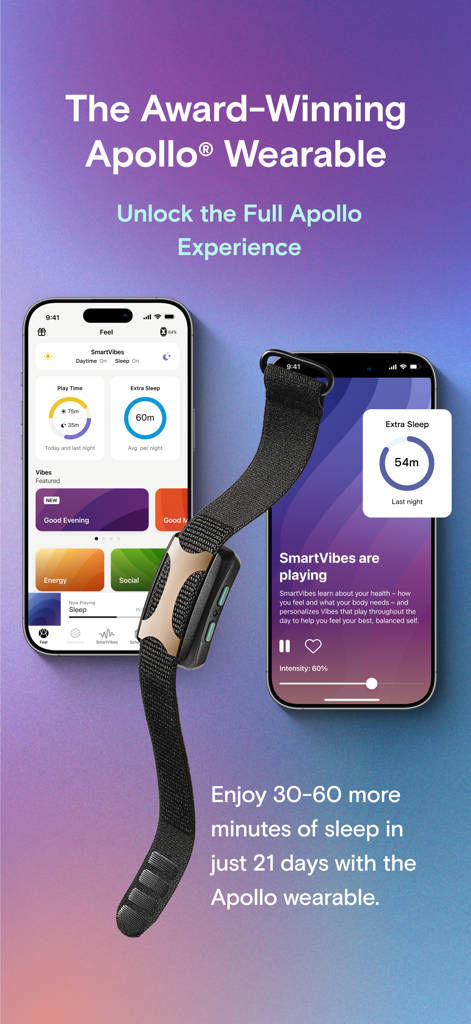 Appareil portable Apollo Neuro et application mobile montrant les statistiques de sommeil et les SmartVibes