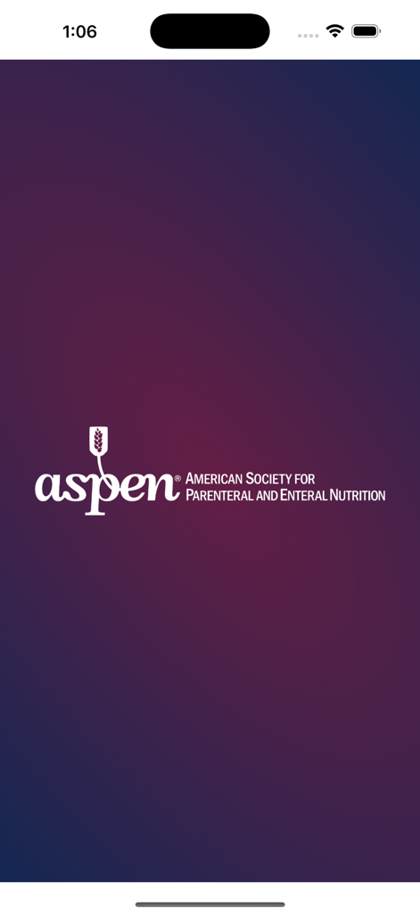 ASPEN 전자책 앱 스플래시 화면, American Society for Parenteral and Enteral Nutrition 로고 포함