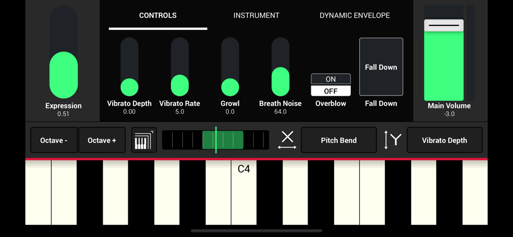 SWAM Clarinet - Interface of the SWAM Clarinet app for iOS showing real-time performance controls for vibrato expression and breath noise above a virtual keyboard
