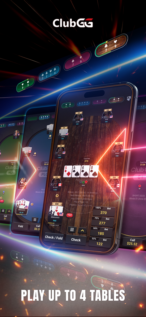 Captura de pantalla de la aplicación móvil ClubGG Poker que demuestra la función multimesa donde los usuarios pueden jugar hasta cuatro partidas de póker simultáneamente.