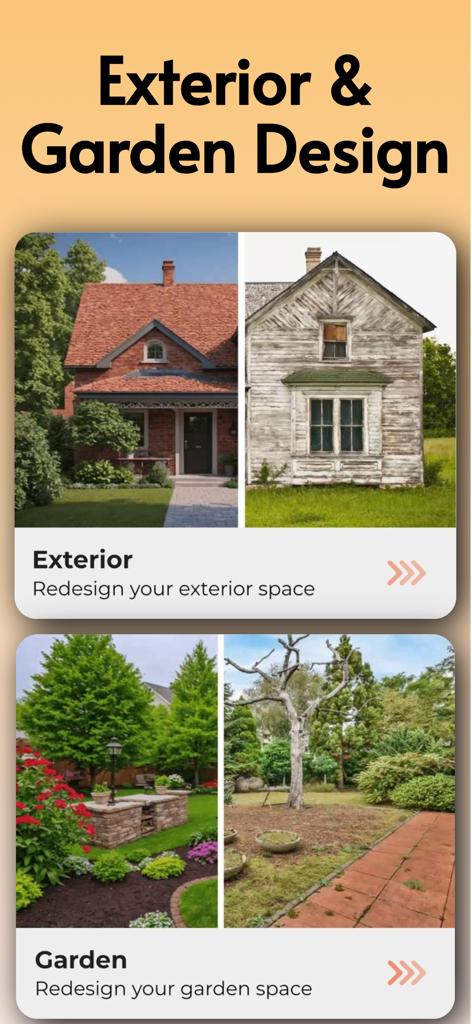 Pantalla de diseño exterior y de jardín que muestra transformaciones de casas y paisajes antes y después.