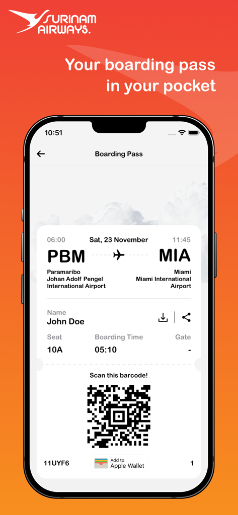 FlySLM - FlySLM app screen showing a digital boarding pass for a Surinam Airways flight from Paramaribo to Miami
