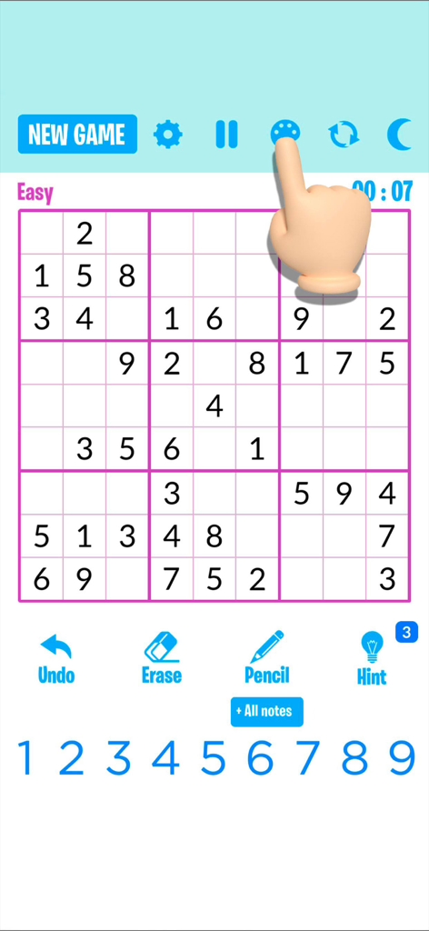 Sudoku Classic 2025 - Sudoku game screen showing an easy level puzzle grid with theme selection and game controls