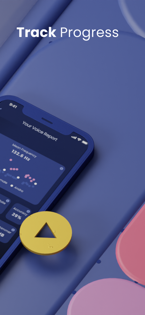 Vocal Pitch Monitor-Voice Whiz - Voice Whiz app interface showing a voice analysis report with mean frequency and pitch progress tracking data.