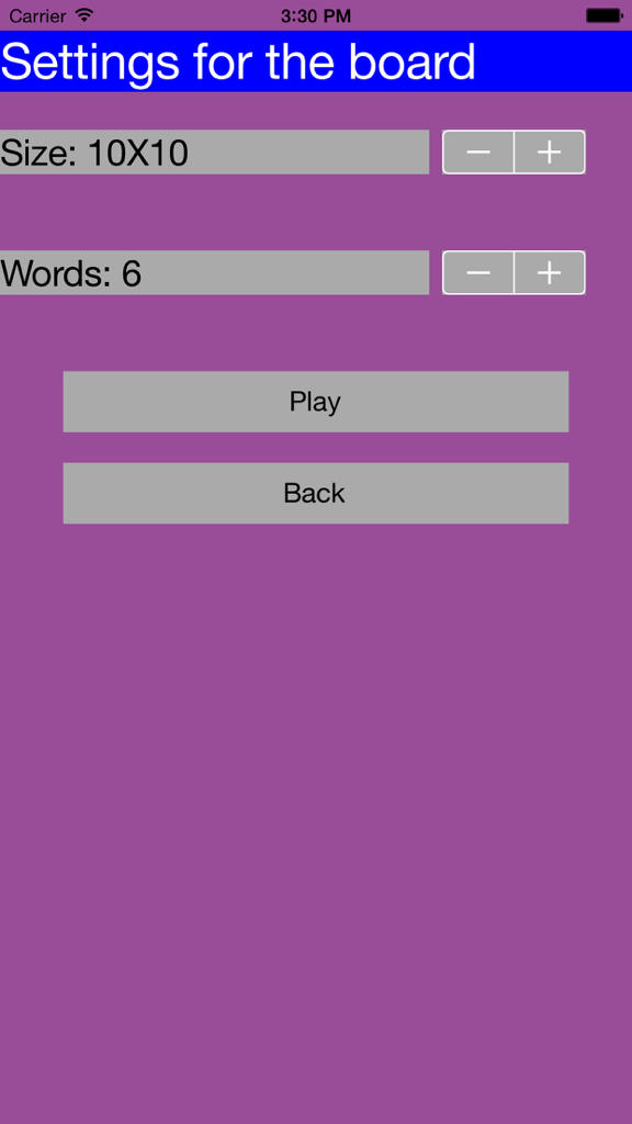 Accessible letter soup - Pantalla de configuración del juego para seleccionar el tamaño del tablero de sopa de letras y la cantidad de palabras.
