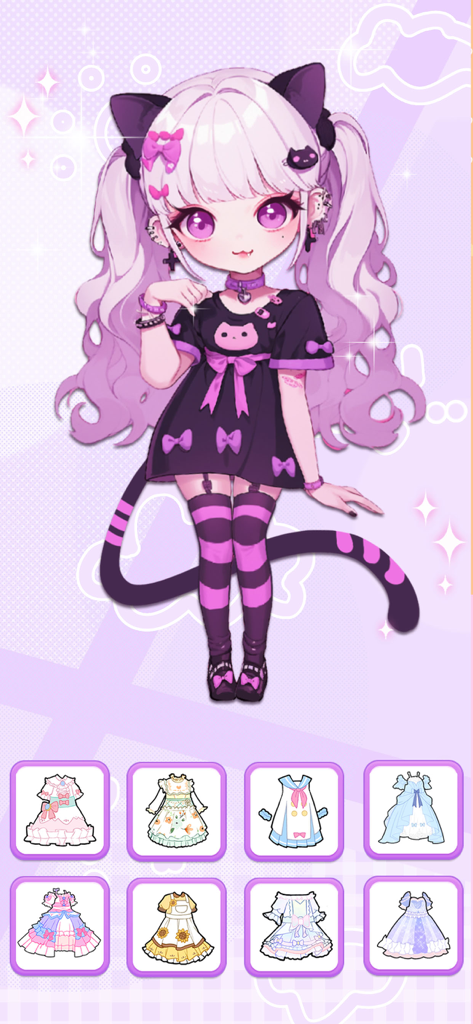 Doll Dress Up - Princess Games - An anime doll character in a purple and black cat themed outfit with a selection of alternative dresses below