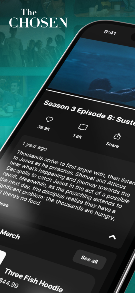 The Chosen app episode screen with video description and social engagement metrics
