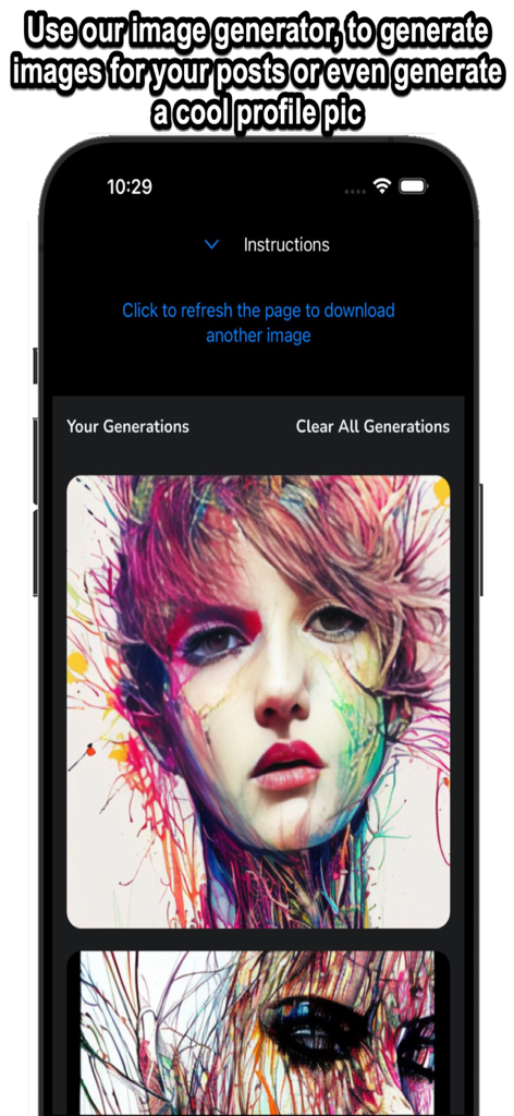 Interfaz de la aplicación Shadowban Test con su generador de imágenes de IA con retratos estilizados.