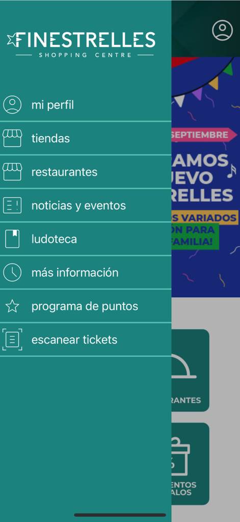 Finestrelles - Side navigation menu of the Finestrelles Shopping Centre mobile app featuring options for profile, stores, and restaurants