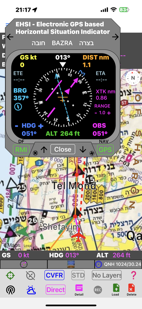 Air Map Israel - Air Map Israel application interface showing the electronic horizontal situation indicator overlay on a VFR aviation chart.