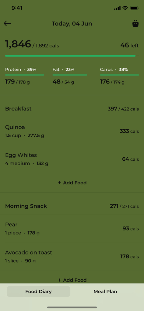 Momentum Fit - Momentum Fit app food diary displaying daily calorie intake macro percentages and meal logging