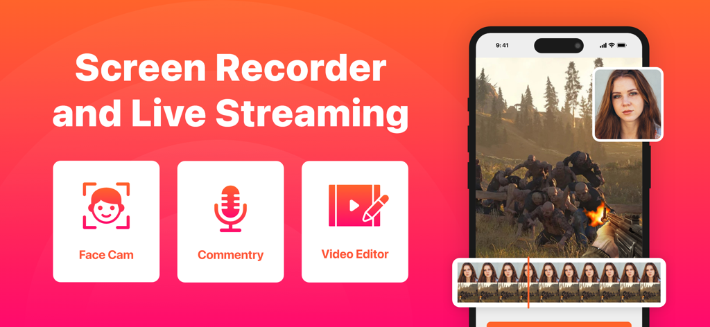 Screen Recorder with Audio - Interfaccia dell'app Screen Recorder con funzioni di facecam e editing video
