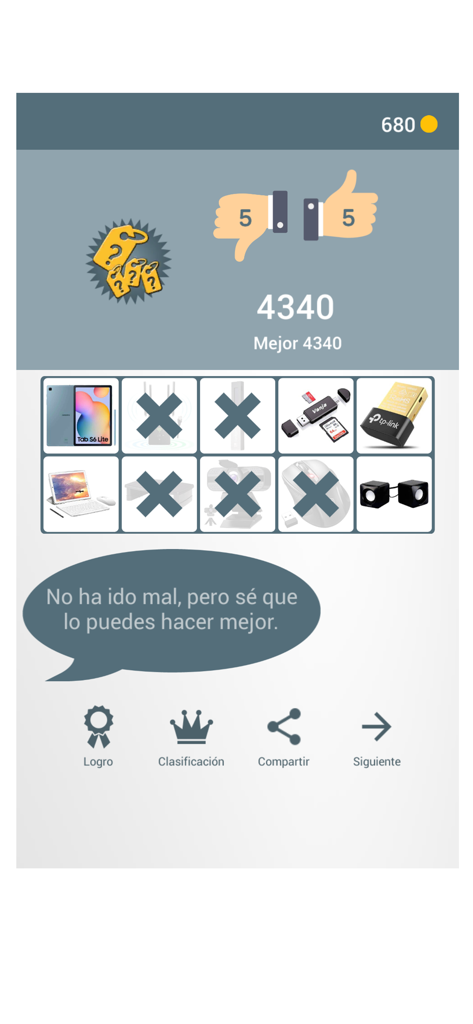 The Correct Price - Écran récapitulatif du score et grille de produits pour le jeu-questionnaire Le Juste Prix.