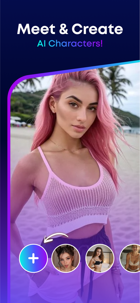 AI Girlfriend Sexy - Spicy GF - Interface of the AI Girlfriend app showing a pink haired character on a beach with options to create new AI companions