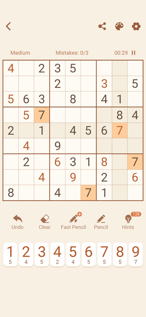A classic 9 by 9 Sudoku puzzle interface with large numbers and an eye friendly sepia theme.