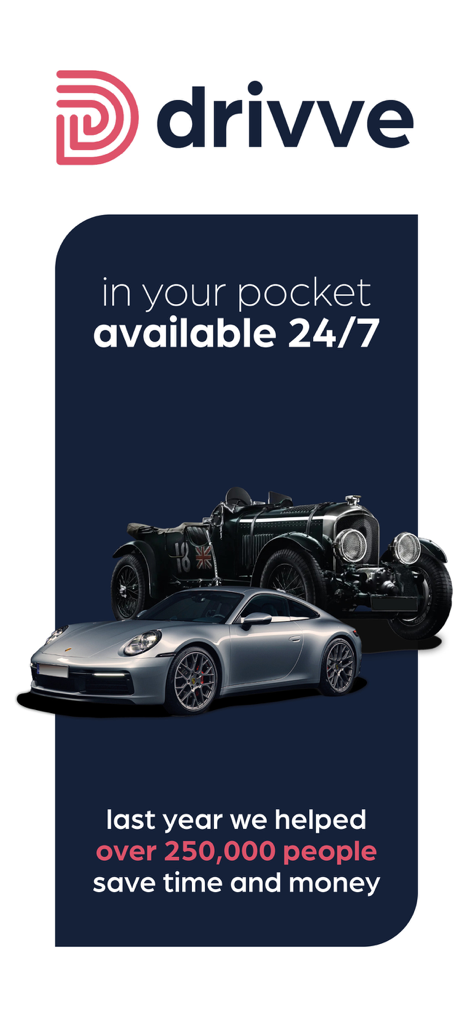 drivve | Collector Car Values - 빈티지 레이싱카와 현대 포르쉐가 포함된 Drivve 앱 홍보 화면