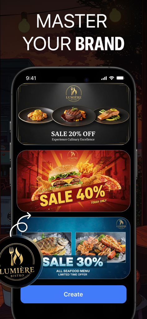 AI Logo Maker Brand Generator - Aplicativo AI logo maker mostrando modelos de banners de marketing para restaurantes