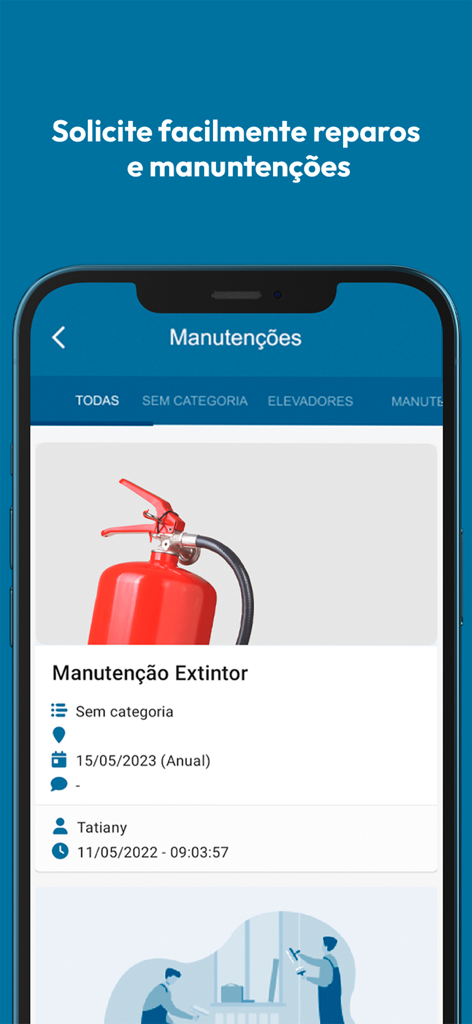 Maintenance management screen in the Condomob app showing a fire extinguisher service record