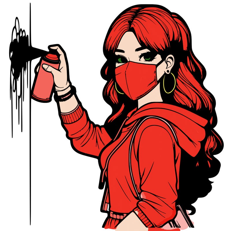 realistic girl with mask spray painting a wall