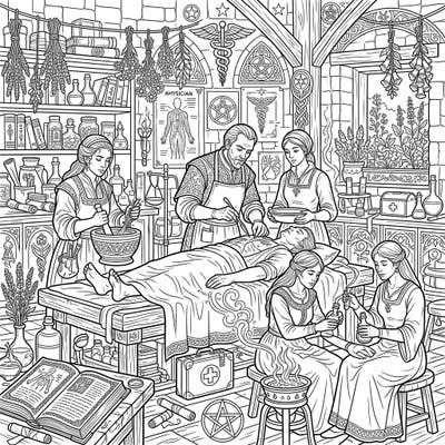 Journey back in time with this captivating coloring page depicting ancient physicians and healers diligently at work. Explore a richly detailed scene showcasing a blend of empirical knowledge, herbal remedies, and medical care awaiting your artistic touch.