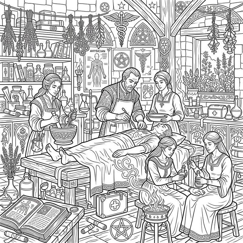 Journey back in time with this captivating coloring page depicting ancient physicians and healers diligently at work. Explore a richly detailed scene showcasing a blend of empirical knowledge, herbal remedies, and medical care awaiting your artistic touch.