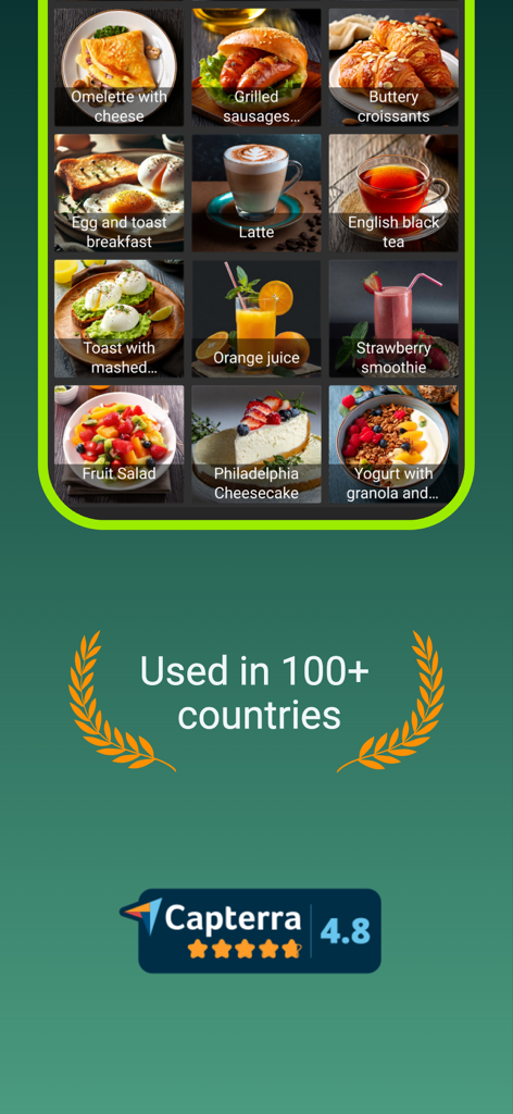 Loyverse POS - Point of Sale - Loyverse POS App-Oberfläche mit Speisekarteneinträgen und einer Capterra-Bewertung von 4,8 Sternen