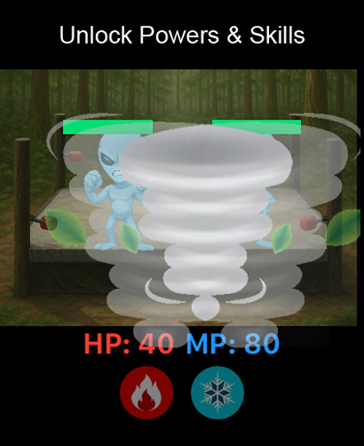 Dungeon Crawler RPG Watch - ダンジョンクローラーRPGウォッチのバトルシーン。トルネードスペルとアビリティアイコンが表示されている。