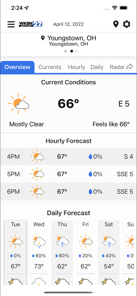 WKBN 27 Weather - Youngstown - WKBN 27 Weather app interface showing current conditions and daily forecast for Youngstown Ohio
