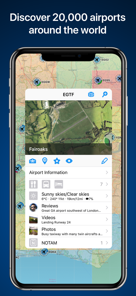 RunwayMap - #1 Pilot Community - RunwayMap app screen displaying a map of airports with detailed info for Fairoaks airport