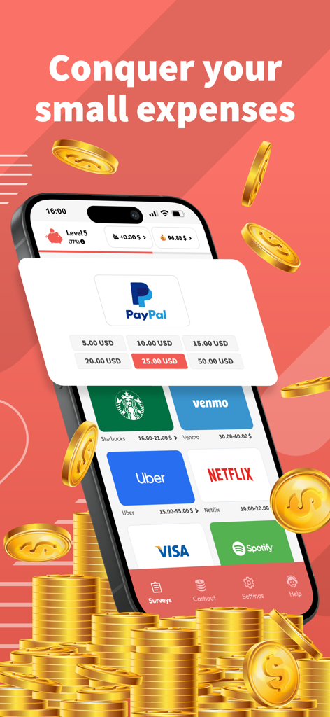 HeyPiggy: Daily Online Surveys - HeyPiggy app screen showing PayPal cashout options and gift card rewards for Starbucks, Uber, and Netflix